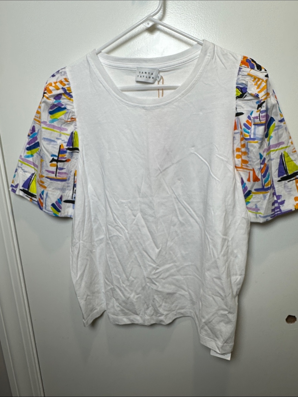 Tanya Taylor White Tee with Colorful Sailboat Print Puff Sleeves (101)